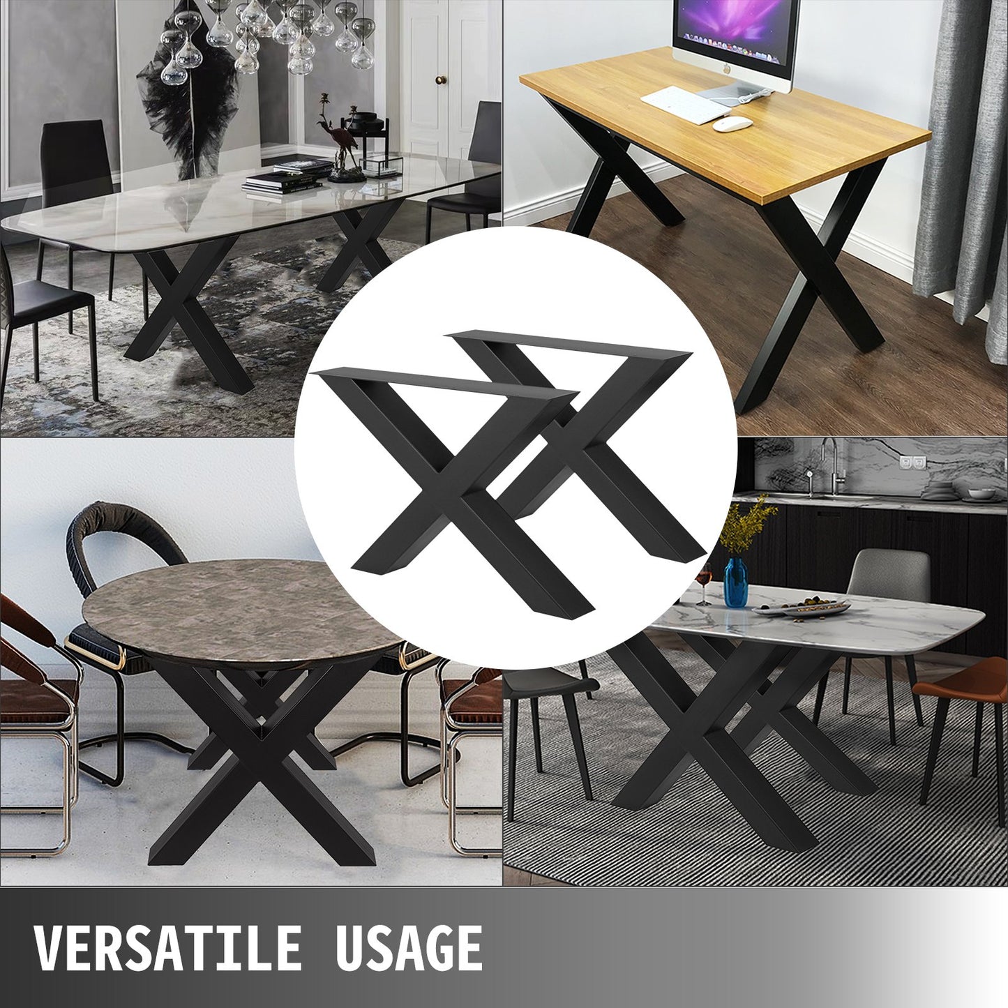 VEVOR Set of 2 Steel Table Legs, 28''Height 30''Wide Dining Table Legs, Heavy Duty 3.1 Square Box Section X Frame Table Legs, 28x30x3.1 Inch Black Color Industrial Country Style Metal Dining Legs