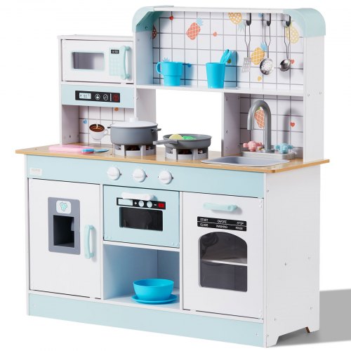 Play Kitchen for Kids, Wooden Toy Kitchen Set with Lights and Sounds, Toddler Kitchen with Ice Maker, Oven, Sink, Microwaves, Fridge and Utensil and Fruit Accessory for Toddlers ages 3-8, White