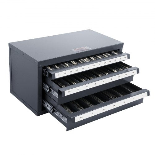 Three-Drawer Steel Cabinet for End Mill Organization, Accommodates 1/8' to 1', Features 29 Compartments with Labels, Stackable Design for Efficient Storage