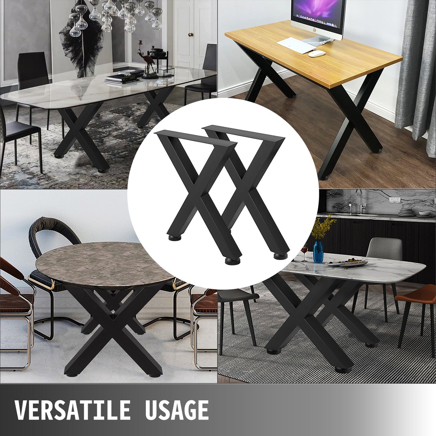 VEVOR Set of 2 Steel Table Legs, 28''Height 24''Wide Dining Table Legs, Heavy Duty 3.1 Square Box Section X Frame Table Legs, 28x24x3.1 Inch Black Color Industrial Country Style Metal Dining Legs
