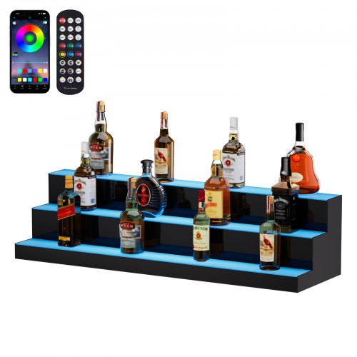 LED Lighted Liquor Bottle Display, 3 Tiers 40 Inch Commercial Illuminated Home Bar Shelf, 3 Steps Whiskey Rack Stand, Acrylic Drink Shelves with RF Remote & App Control, and Multicolor lighting