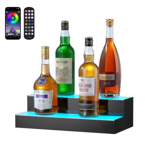 LED Lighted Liquor Bottle Display, 2 Tiers 16 Inch Commercial Illuminated Home Bar Shelf, 2 Steps Whiskey Rack Stand, Acrylic Drink Shelves with RF Remote & App Control, and Multicolor lighting