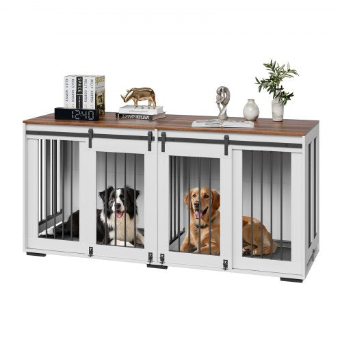 72' Dog Crate Furniture for 2 Dogs, Double Dog Crate Furniture with Double Sliding Doors, Large Dog Crate TV Stand with Removable Tray, Steel Frame Double Dog Crate for Small, Medium, Large Dogs White