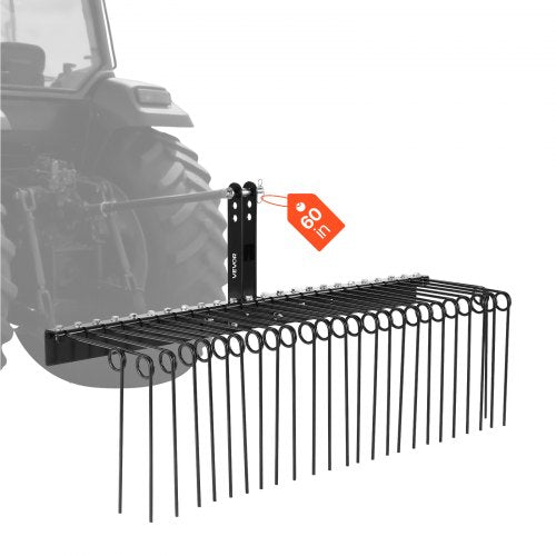 60 in Tow Behind Landscape Rake, 3 Point Hitch Lawn Dethatcher Rake, 26 Spring Steel Tines, for Category 1 Tractors, Heavy Duty & Rust-Resistant Rakes Tractor Attachments for Leaves Pine Needles