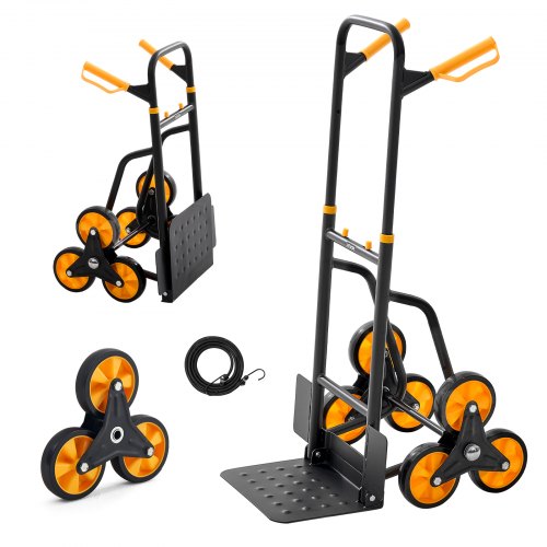 Stair Climbing Cart, 440 lbs Stair-Climbing Capacity, Heavy-Duty Folding Trolley Cart with Telescoping Handle, 6 Wheels and 2 Bungee Cords, Stair Climber Dolly for Home, Groceries, Warehouse