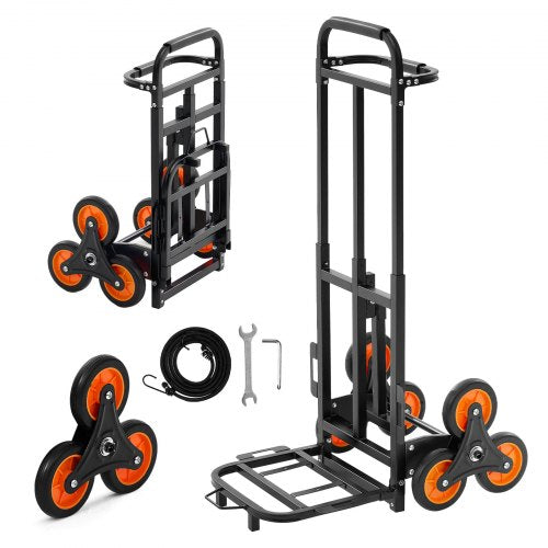 Stair Climbing Cart, 220 lbs Stair-Climbing Capacity, Heavy-Duty Folding Trolley Cart with Telescoping Handle, 6 Wheels and 2 Bungee Cords, Stair Climber Dolly for Home, Groceries, Warehouse