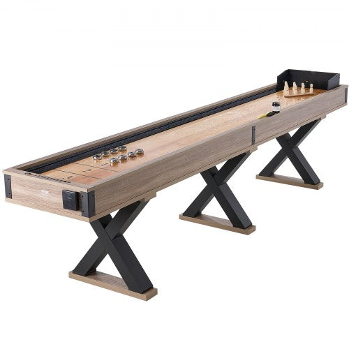 Shuffleboard Table, 11.5 ft Shuffleboard for Family Game Rooms, 2 in 1 Shuffleboard and Bowling Combo Game Set, with Scratch-Resistant Playfield, Legs, 8 Pucks, Bowling Set, Wax, and Table Brush
