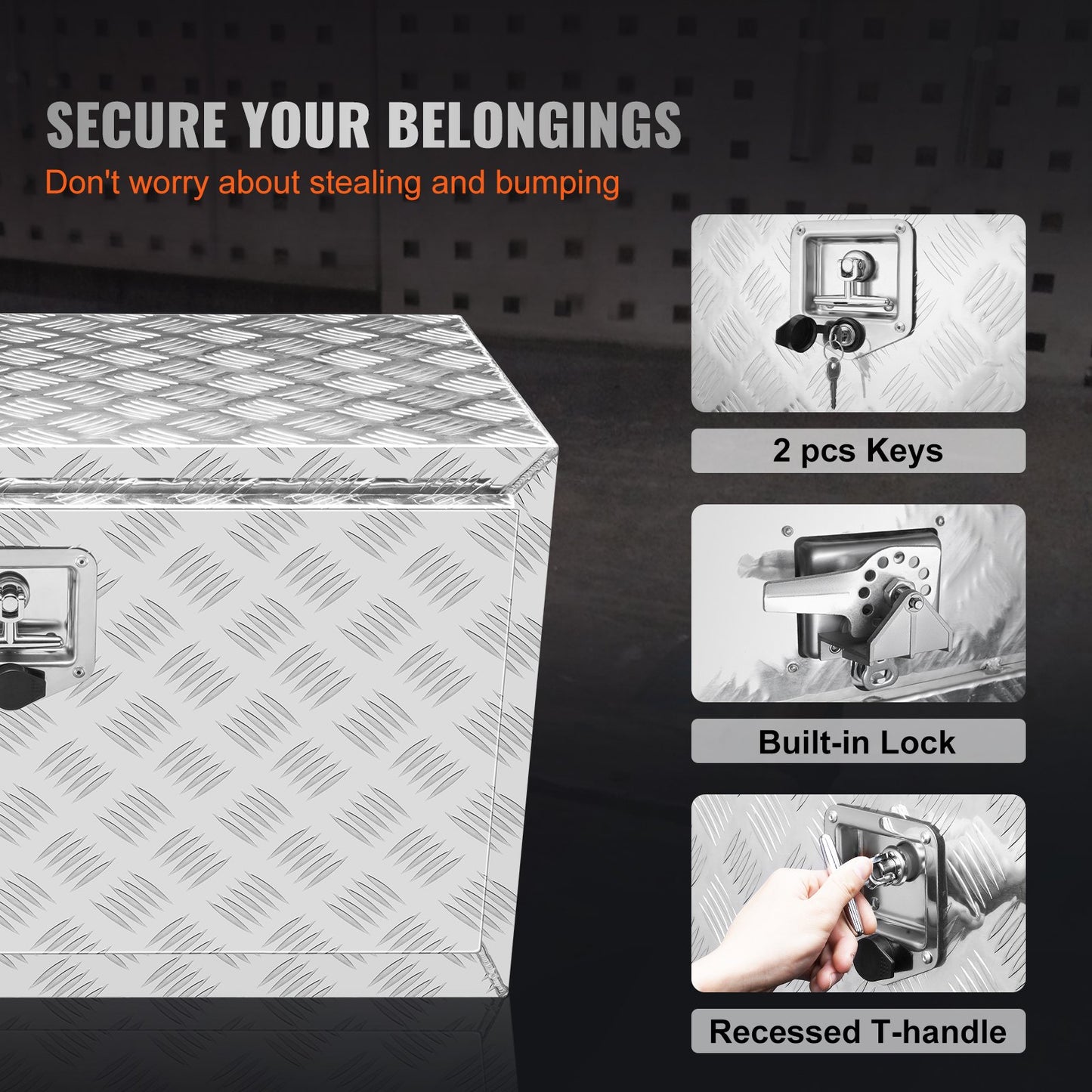 VEVOR Underbody Truck Box, 30¡_14¡_16 Pickup Storage Box, Heavy Duty Aluminum Diamond Plate Tool Box with Lock and Keys, Waterproof Trailer Storage Box with T-Handle Latch for Truck, Van, Trailer