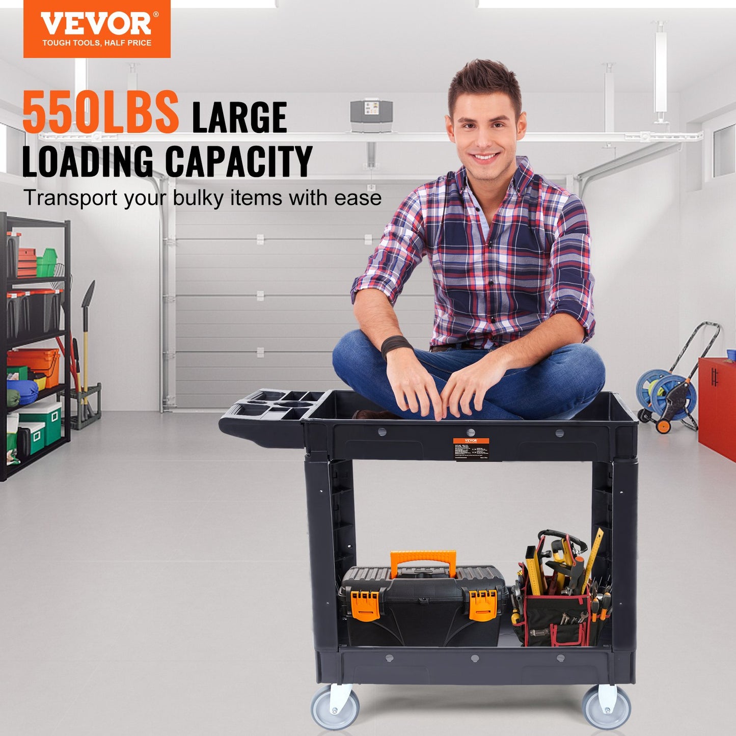 VEVOR Utility Service Cart, 2 Shelf 550LBS Heavy Duty Plastic Rolling Utility Cart with 360¡ã Swivel Wheels, Medium Lipped Shelf, Ergonomic Storage Handle for Warehouse/Garage/Cleaning/Office