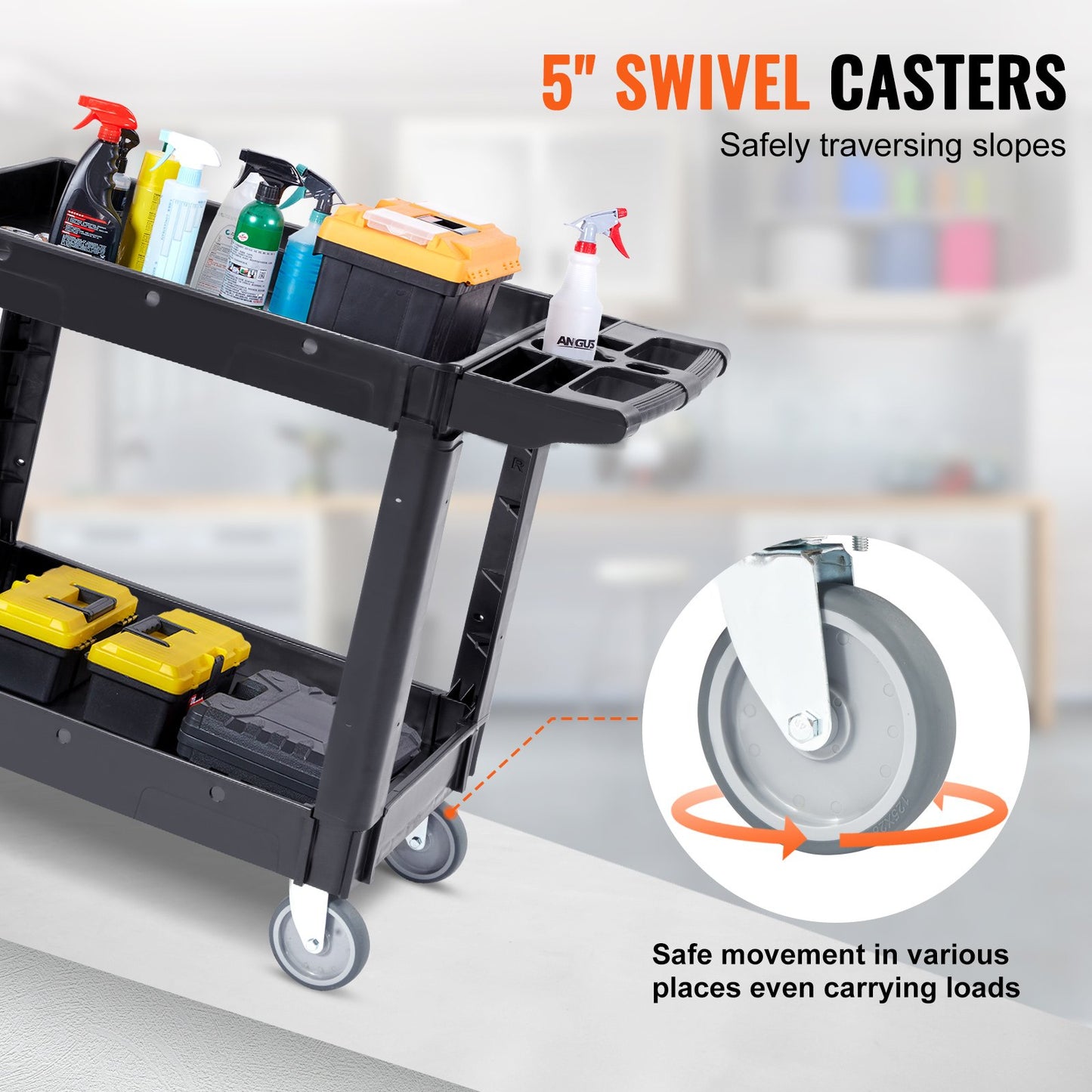 VEVOR Utility Service Cart, 2 Shelf 550LBS Heavy Duty Plastic Rolling Utility Cart with 360¡ã Swivel Wheels, Medium Lipped Shelf, Ergonomic Storage Handle for Warehouse/Garage/Cleaning/Office