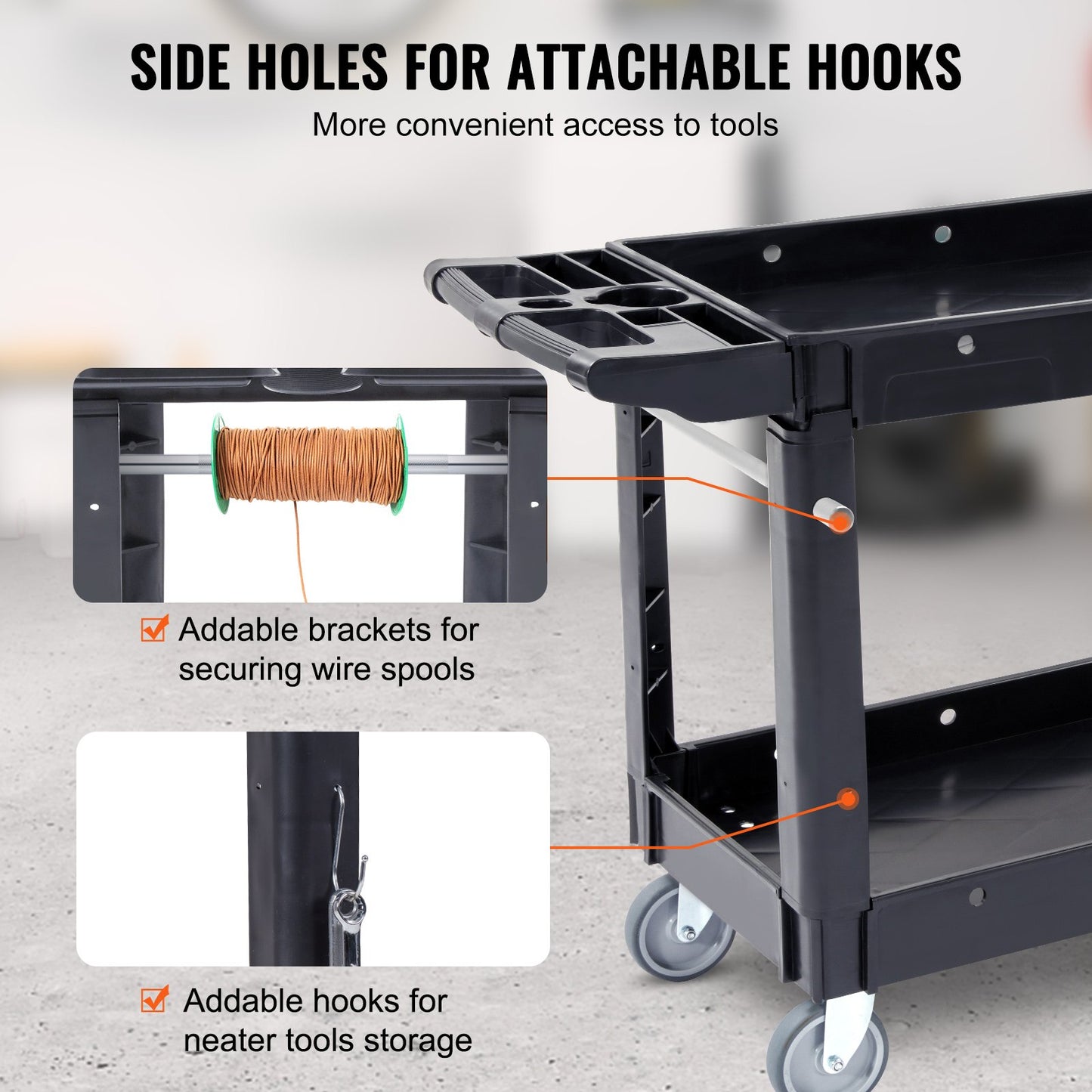 VEVOR Utility Service Cart, 2 Shelf 550LBS Heavy Duty Plastic Rolling Utility Cart with 360¡ã Swivel Wheels, Medium Lipped Shelf, Ergonomic Storage Handle for Warehouse/Garage/Cleaning/Office