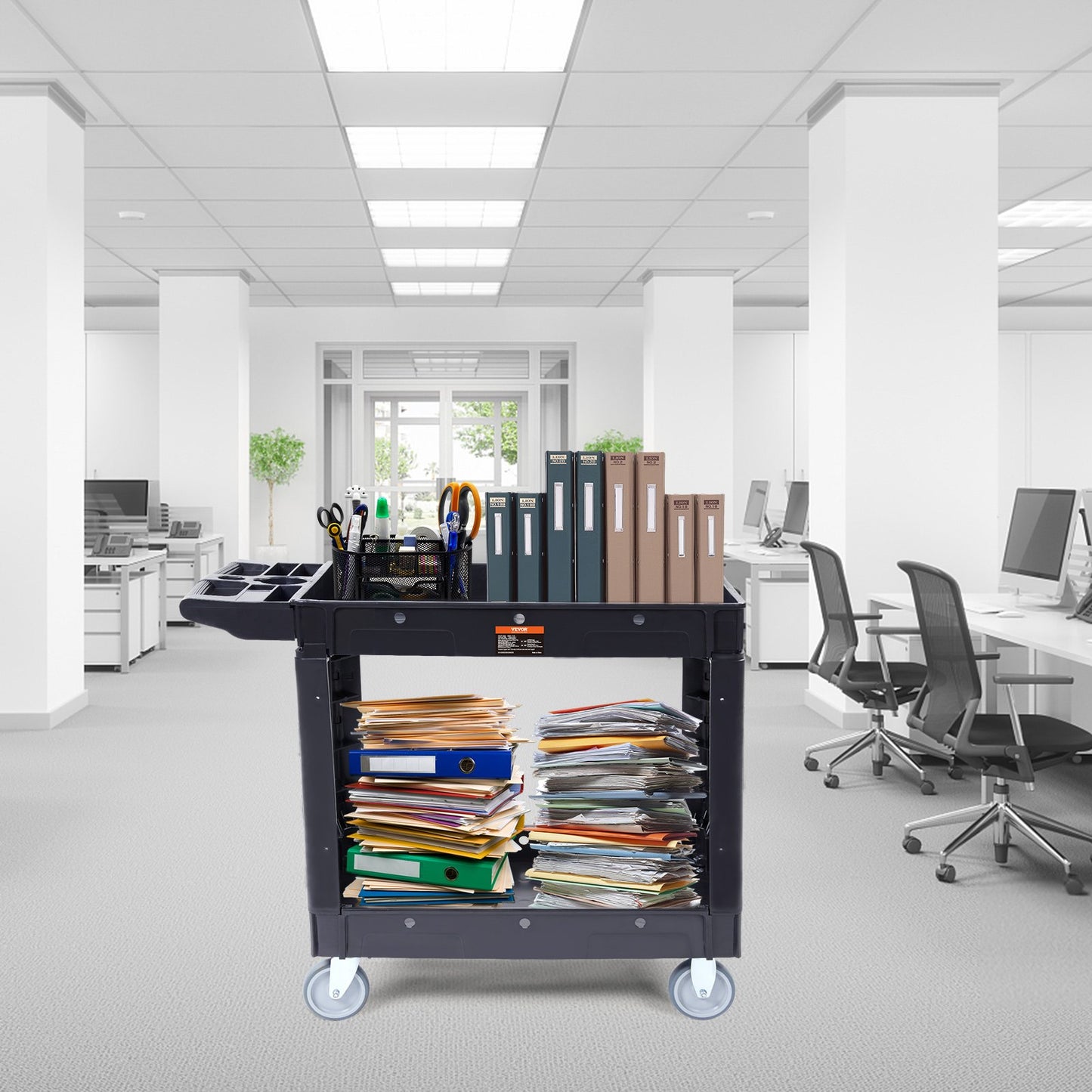 VEVOR Utility Service Cart, 2 Shelf 550LBS Heavy Duty Plastic Rolling Utility Cart with 360¡ã Swivel Wheels, Medium Lipped Shelf, Ergonomic Storage Handle for Warehouse/Garage/Cleaning/Office