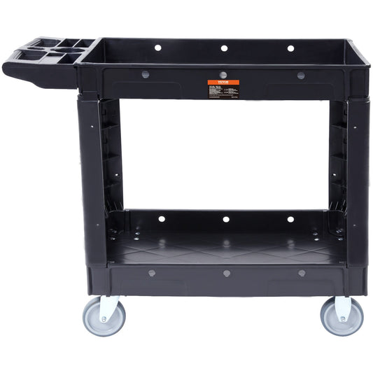 VEVOR Utility Service Cart, 2 Shelf 550LBS Heavy Duty Plastic Rolling Utility Cart with 360¡ã Swivel Wheels, Medium Lipped Shelf, Ergonomic Storage Handle for Warehouse/Garage/Cleaning/Office