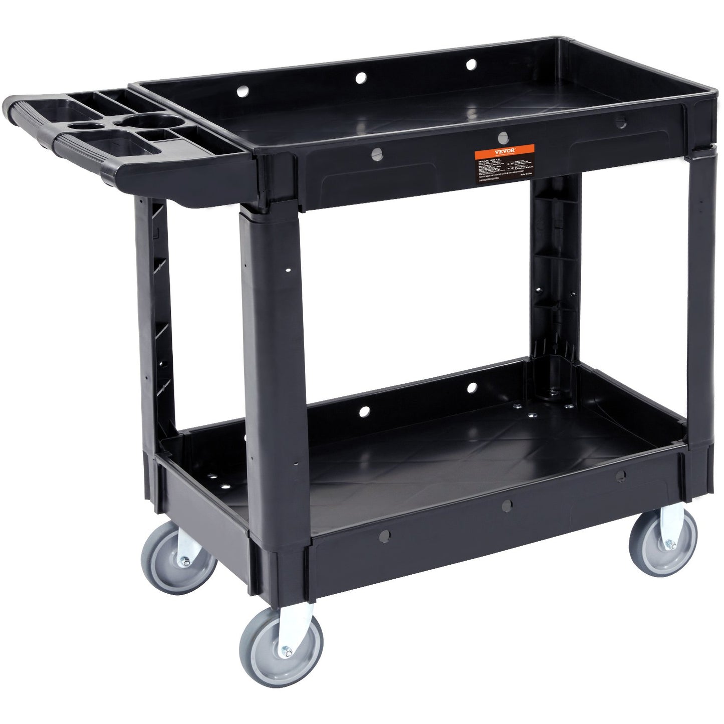 VEVOR Utility Service Cart, 2 Shelf 550LBS Heavy Duty Plastic Rolling Utility Cart with 360¡ã Swivel Wheels, Medium Lipped Shelf, Ergonomic Storage Handle for Warehouse/Garage/Cleaning/Office