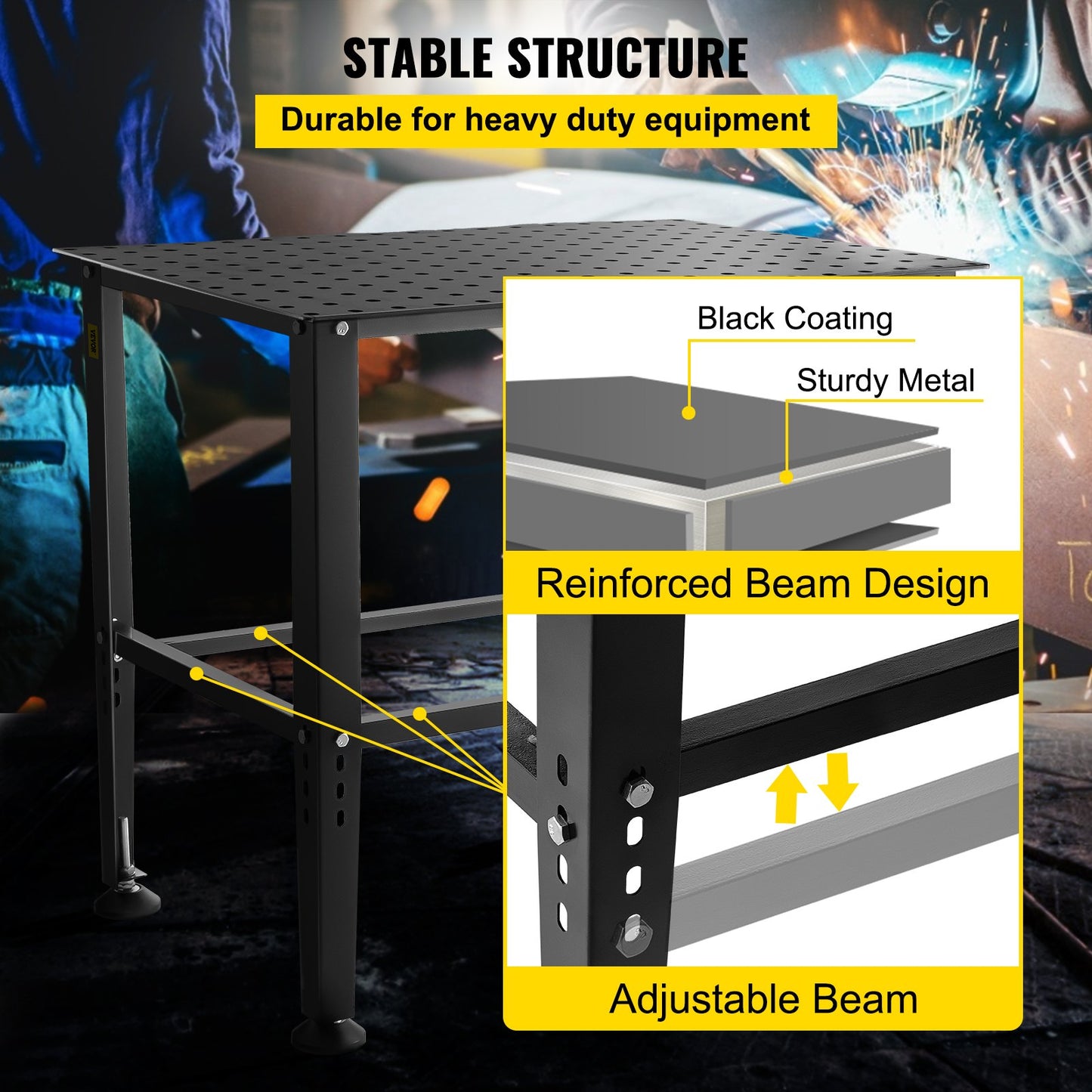 VEVOR Welding Table, 36 x 24 Adjustable Workbench, 0.12 Thick Industrial Workbench, 600lb Load Capacity Metal Workbench, Heavy Duty Carbon Steel Welding Table, Gray Steel Work Table w/ Accessories