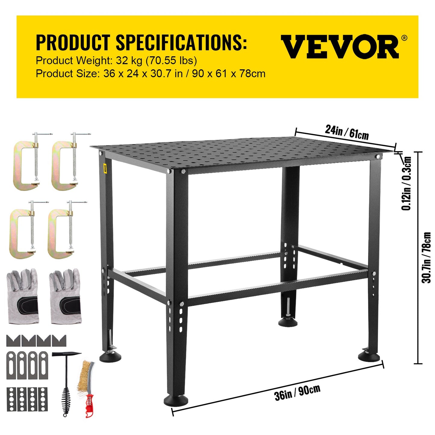 VEVOR Welding Table, 36 x 24 Adjustable Workbench, 0.12 Thick Industrial Workbench, 600lb Load Capacity Metal Workbench, Heavy Duty Carbon Steel Welding Table, Gray Steel Work Table w/ Accessories