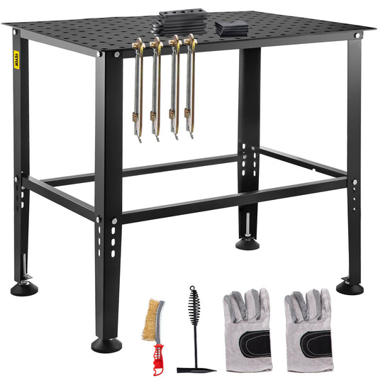 VEVOR Welding Table, 36 x 24 Adjustable Workbench, 0.12 Thick Industrial Workbench, 600lb Load Capacity Metal Workbench, Heavy Duty Carbon Steel Welding Table, Gray Steel Work Table w/ Accessories