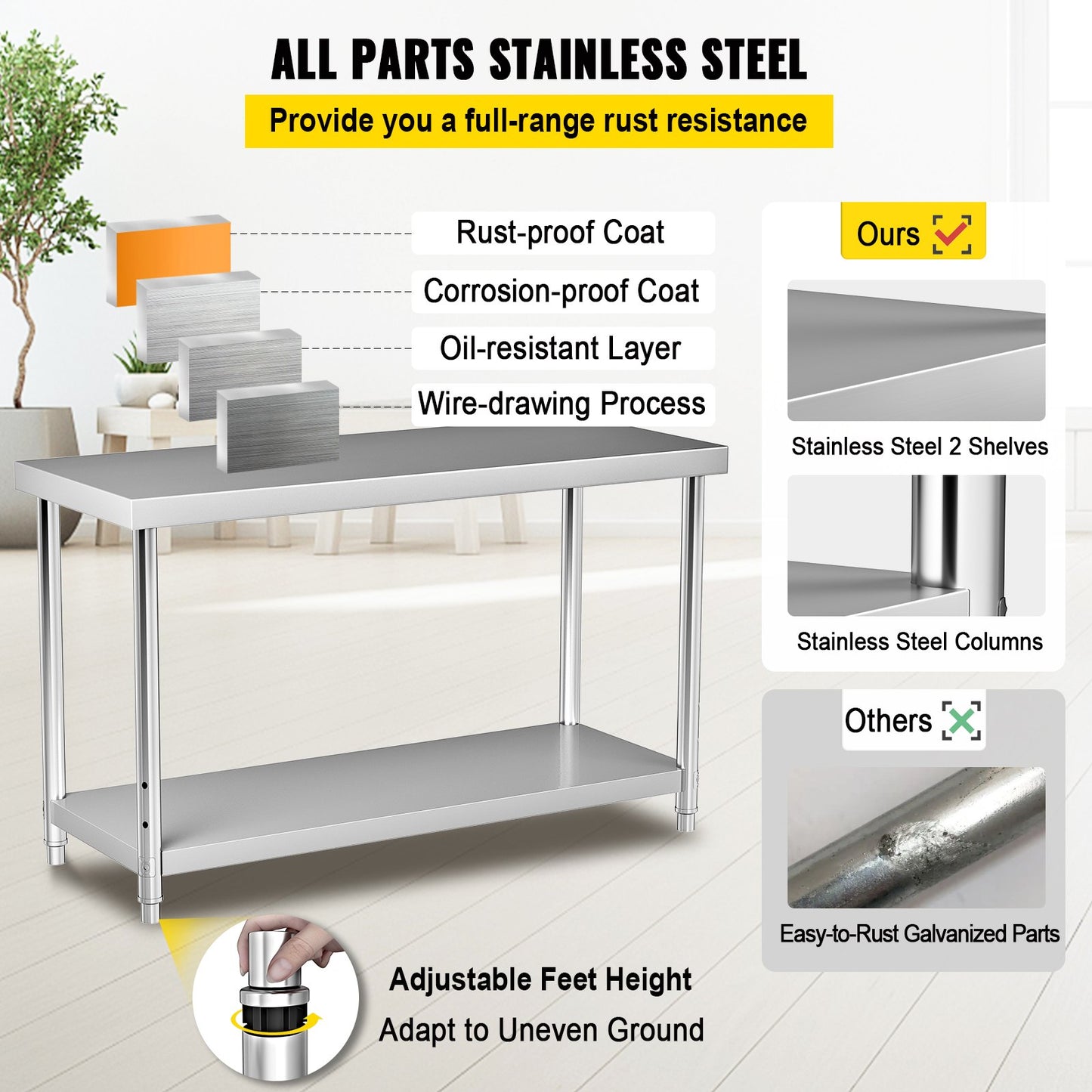 VEVOR Stainless Steel Prep Table, 48 x 24 x 34 Inch, 550lbs Load Capacity Heavy Duty Metal Worktable with Adjustable Undershelf, Commercial Workstation for Kitchen Restaurant Garage Backyard