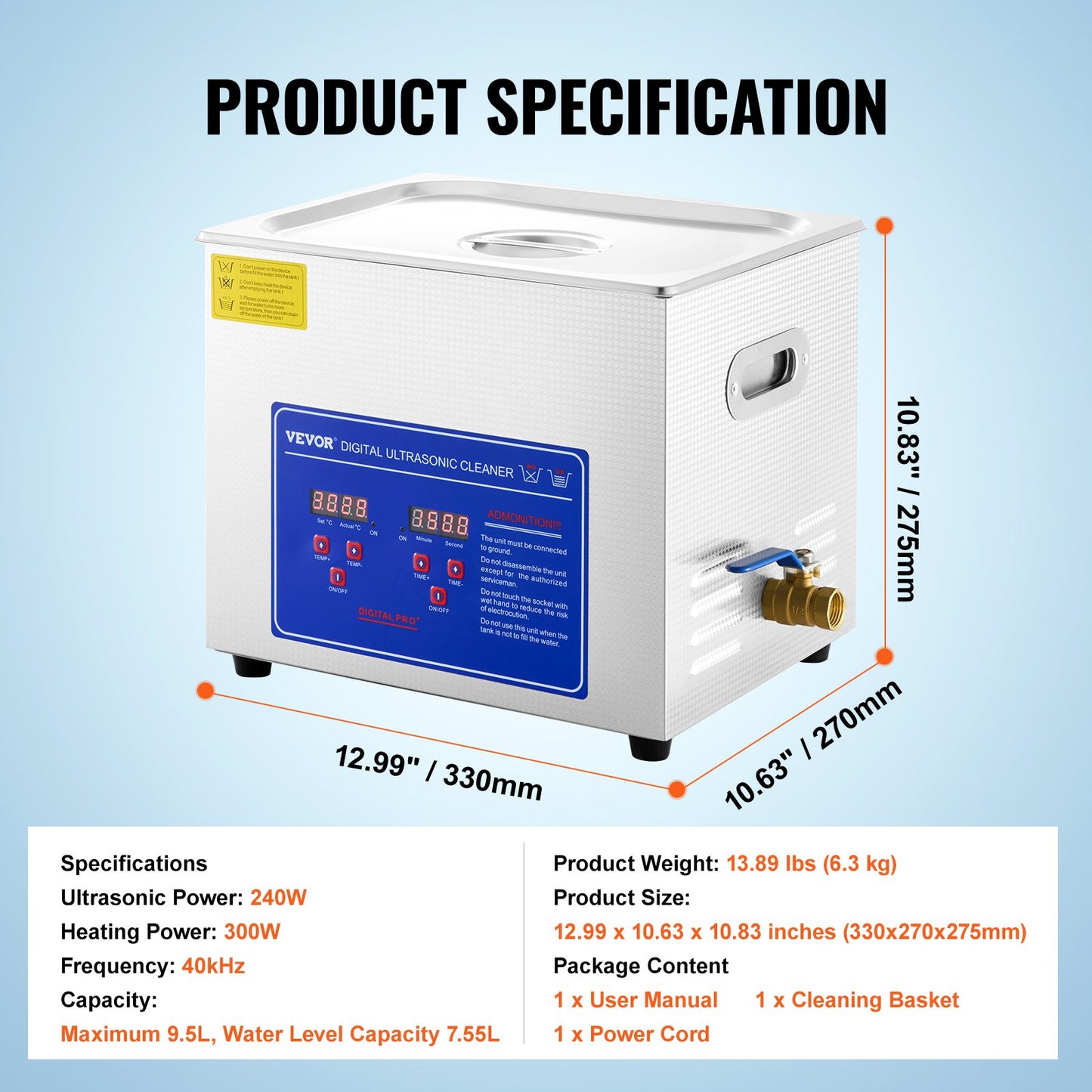 VEVOR Professional Ultrasonic Cleaner 10L/2.5 Gal, Easy to Use with Digital Timer & Heater, Stainless Steel Industrial Machine for Jewelry Dentures Small Parts, 110V, FCC/CE/RoHS Certified