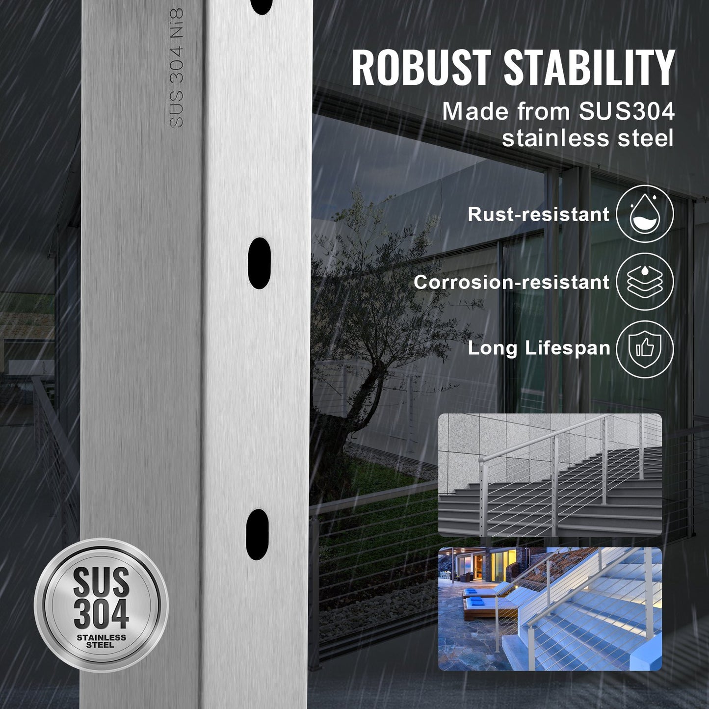VEVOR Cable Railing Post Level Deck Stair Post 42 x 1.97 x 1.97 Cable Handrail Post Stainless Steel Wire Drawing Deck Railing Pre-Drilled Pickets with Mounting Bracket Stair Railing Kit Sliver