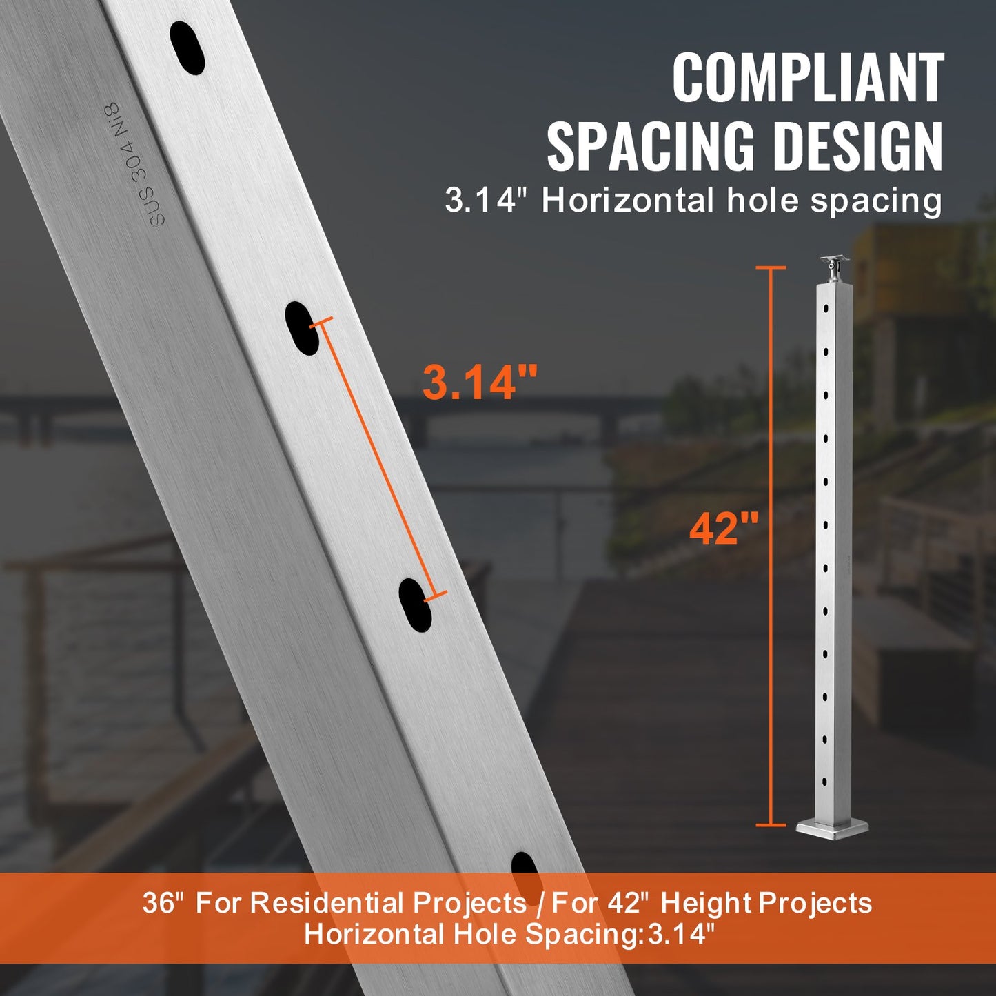 VEVOR Cable Railing Post Level Deck Stair Post 42 x 1.97 x 1.97 Cable Handrail Post Stainless Steel Wire Drawing Deck Railing Pre-Drilled Pickets with Mounting Bracket Stair Railing Kit Sliver