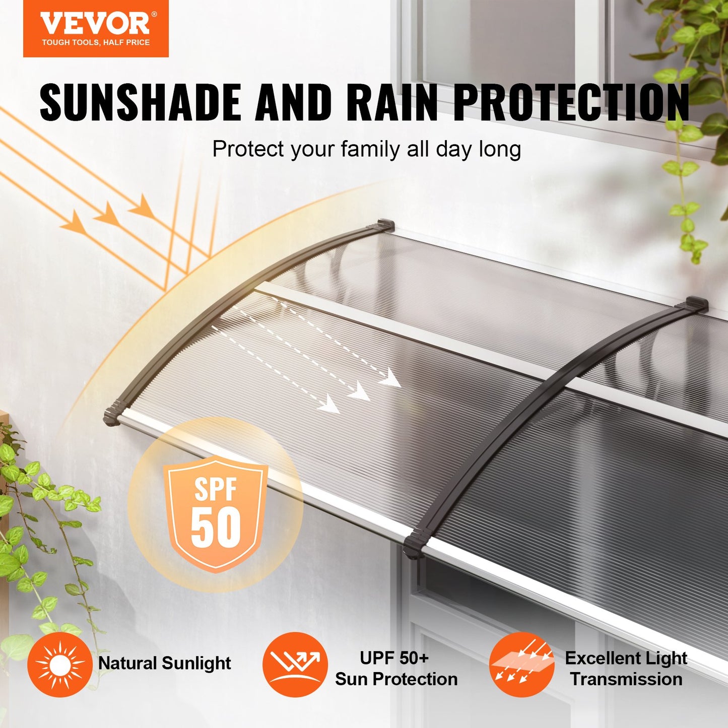 VEVOR Window Door Awning Canopy 40 x 40, UPF 50+ Polycarbonate Entry Door Outdoor Window Awning Exterior, Front Door Overhang Awning for Sun Shutter, UV, Rain, Snow Protection, Hollow Sheet