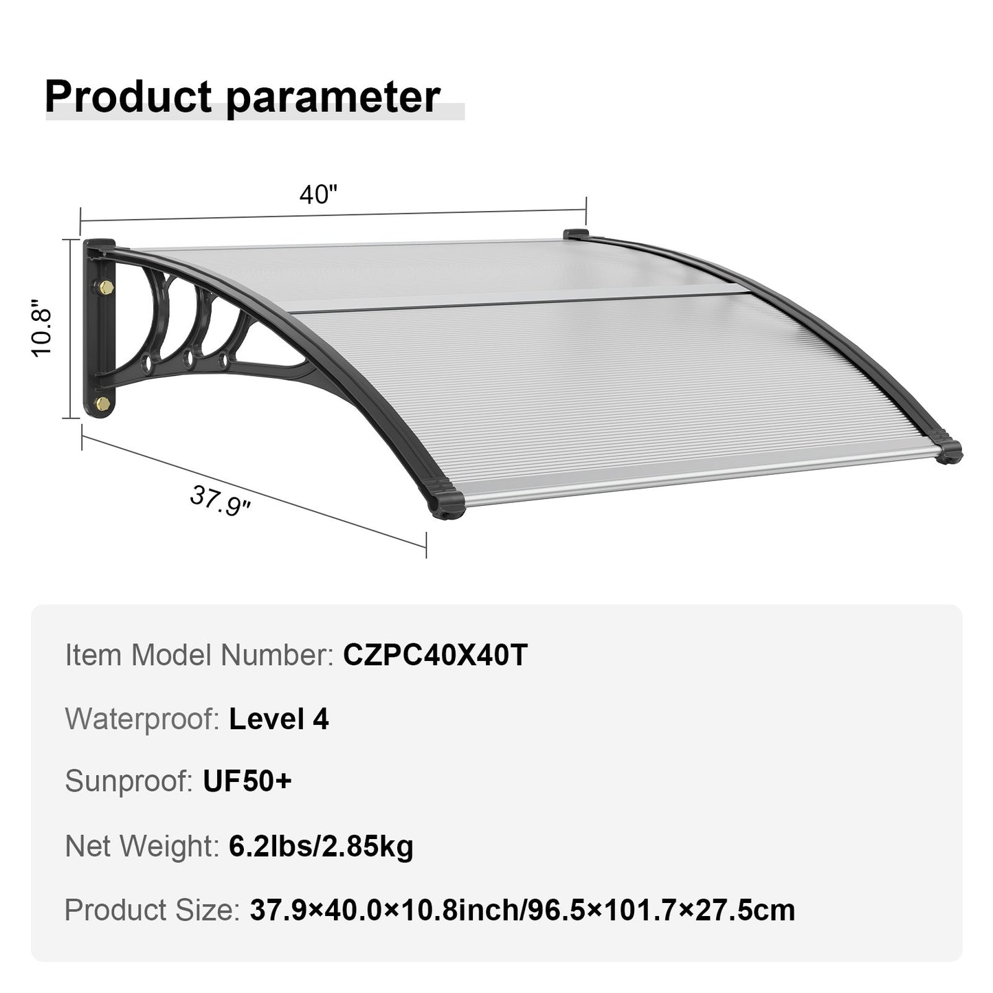 VEVOR Window Door Awning Canopy 40 x 40, UPF 50+ Polycarbonate Entry Door Outdoor Window Awning Exterior, Front Door Overhang Awning for Sun Shutter, UV, Rain, Snow Protection, Hollow Sheet