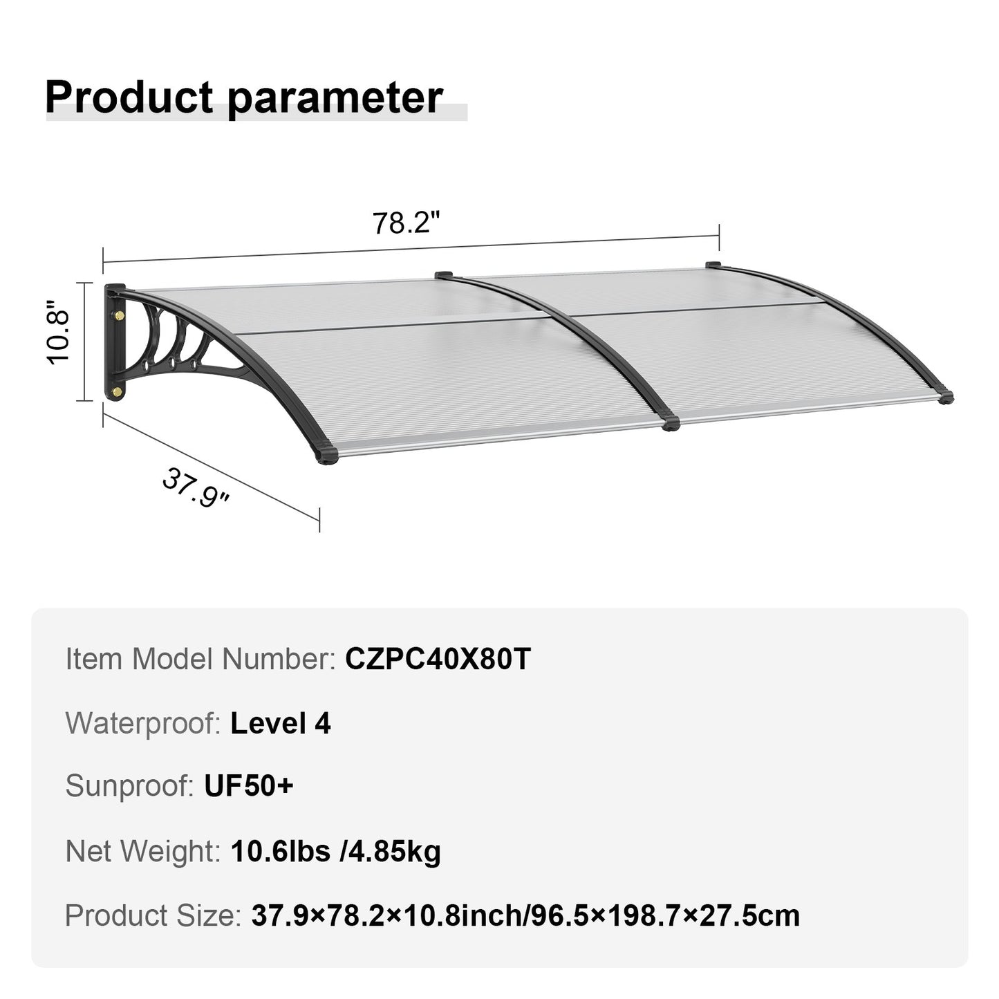 VEVOR Window Door Awning Canopy 40 x 80, UPF 50+ Polycarbonate Entry Door Outdoor Window Awning Exterior, Front Door Overhang Awning for Sun Shutter, UV, Rain, Snow Protection, Hollow Sheet