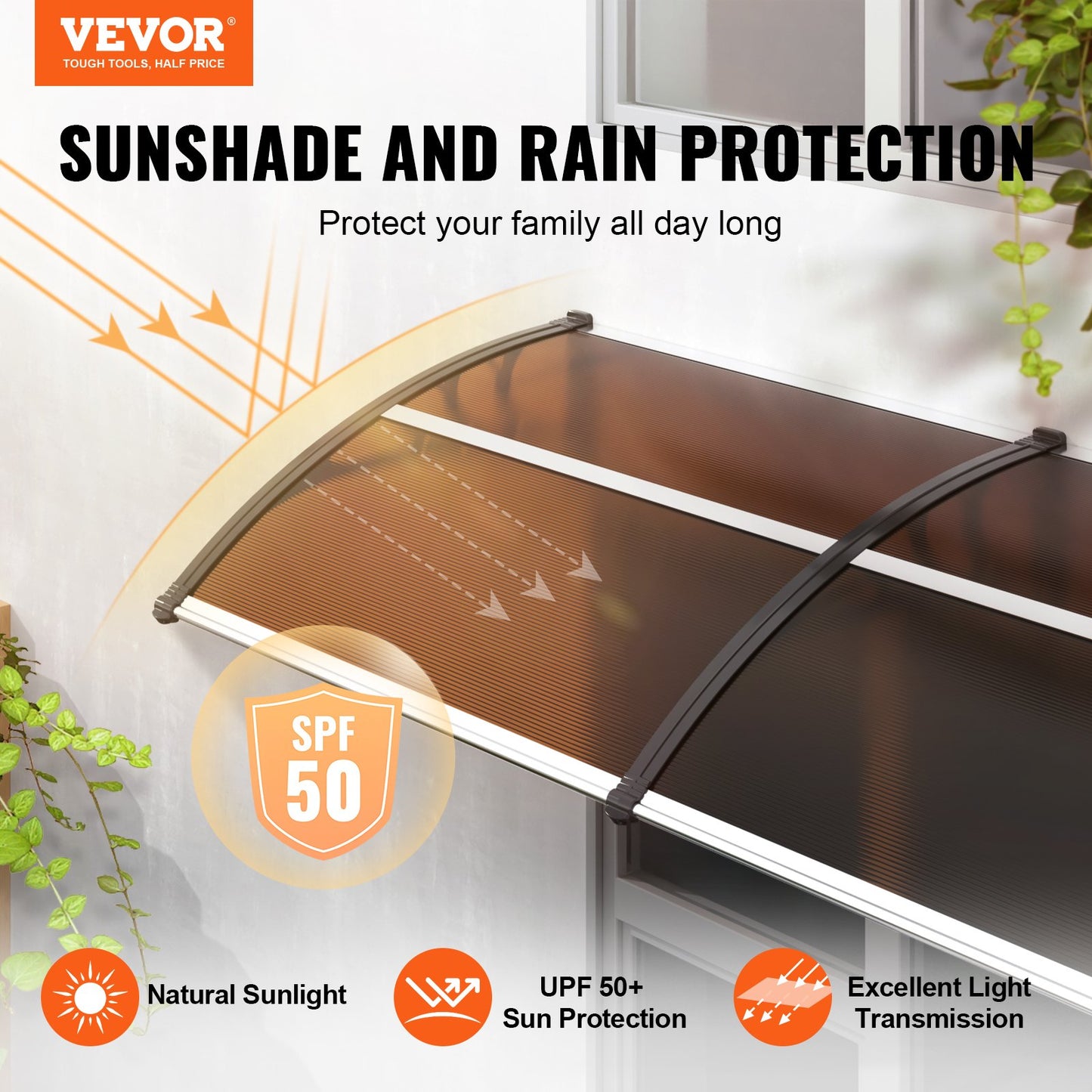 VEVOR Window Door Awning Canopy 80 x 40, UPF 50+ Polycarbonate Entry Door Outdoor Window Awning Exterior, Front Door Overhang Awning for Sun Shutter, UV, Rain, Snow Protection, Hollow Sheet