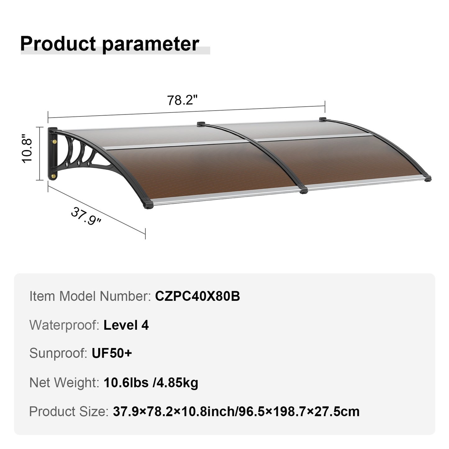 VEVOR Window Door Awning Canopy 80 x 40, UPF 50+ Polycarbonate Entry Door Outdoor Window Awning Exterior, Front Door Overhang Awning for Sun Shutter, UV, Rain, Snow Protection, Hollow Sheet