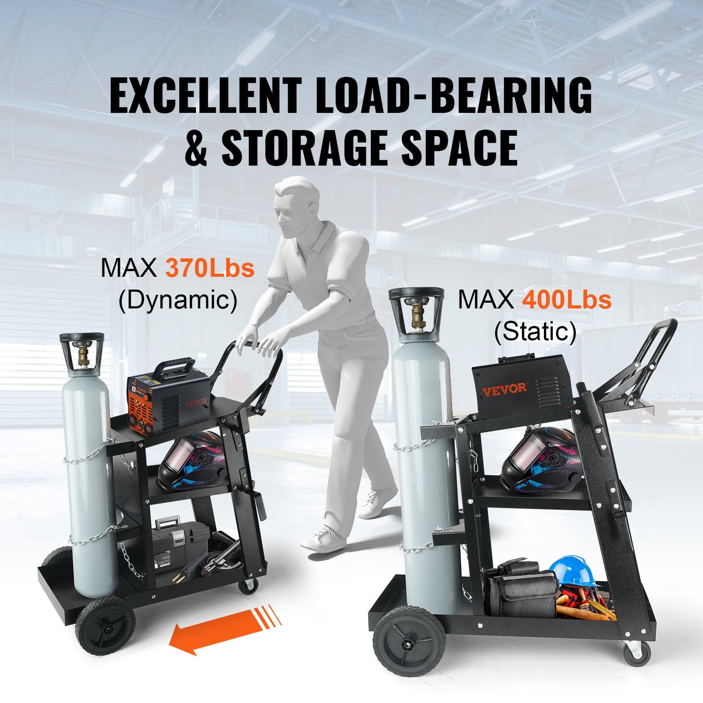 VEVOR Welding Cart, 3-Tier Welder Cart Heavy Duty with 400 Lbs Weight Capacity, 360¡ã Swivel Wheels, Tank Storage Safety Chains, Rolling MIG Welder Cart for TIG, ARC, MMA, Plasma Cutter Welding Machine