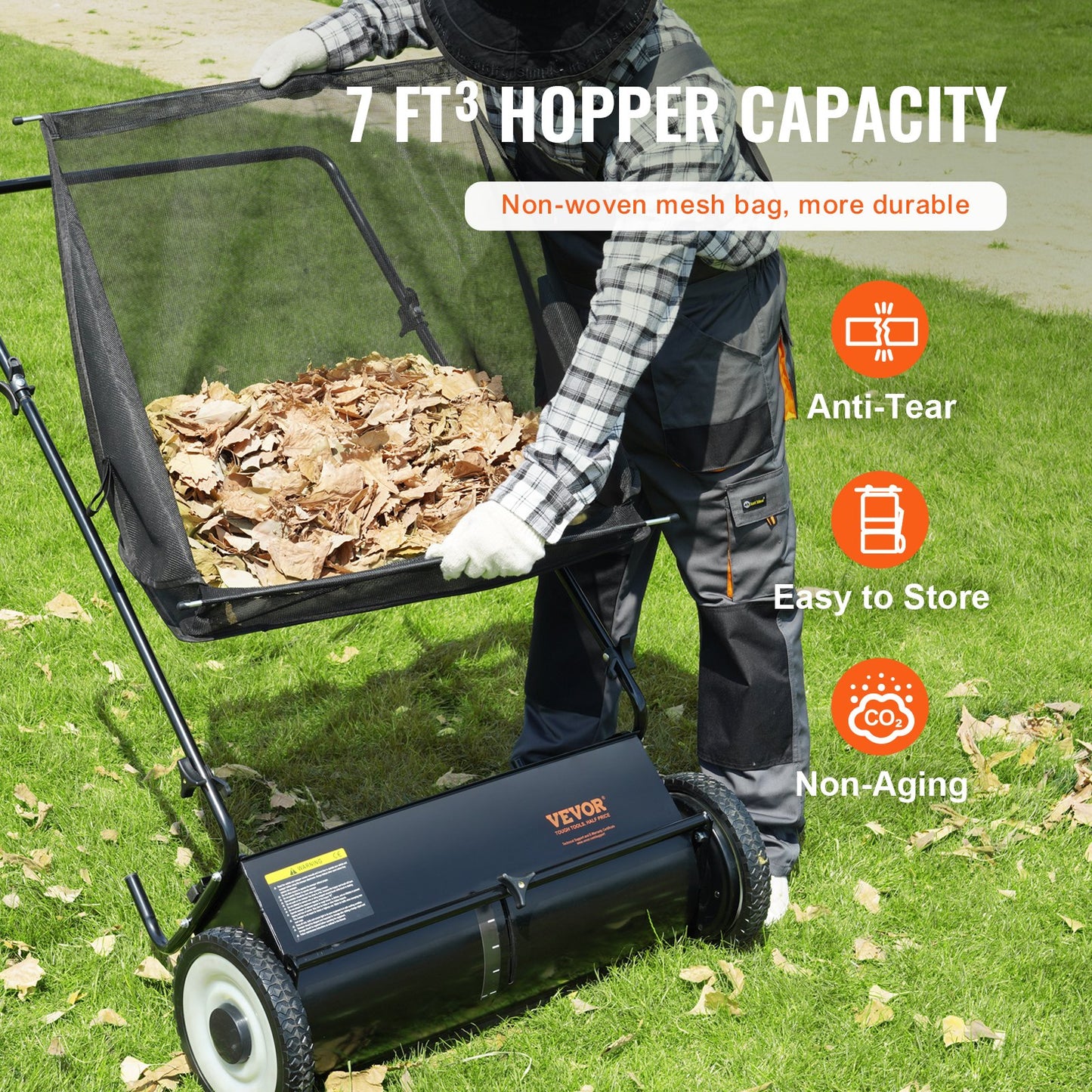 VEVOR Push Lawn Sweeper, 26 Inch Leaf & Grass Collector, Strong Rubber Wheels & Heavy Duty Thickened Steel Durable to Use with Large Capacity 7 ft? Mesh Collection Bag, 4 Spinning Brushes