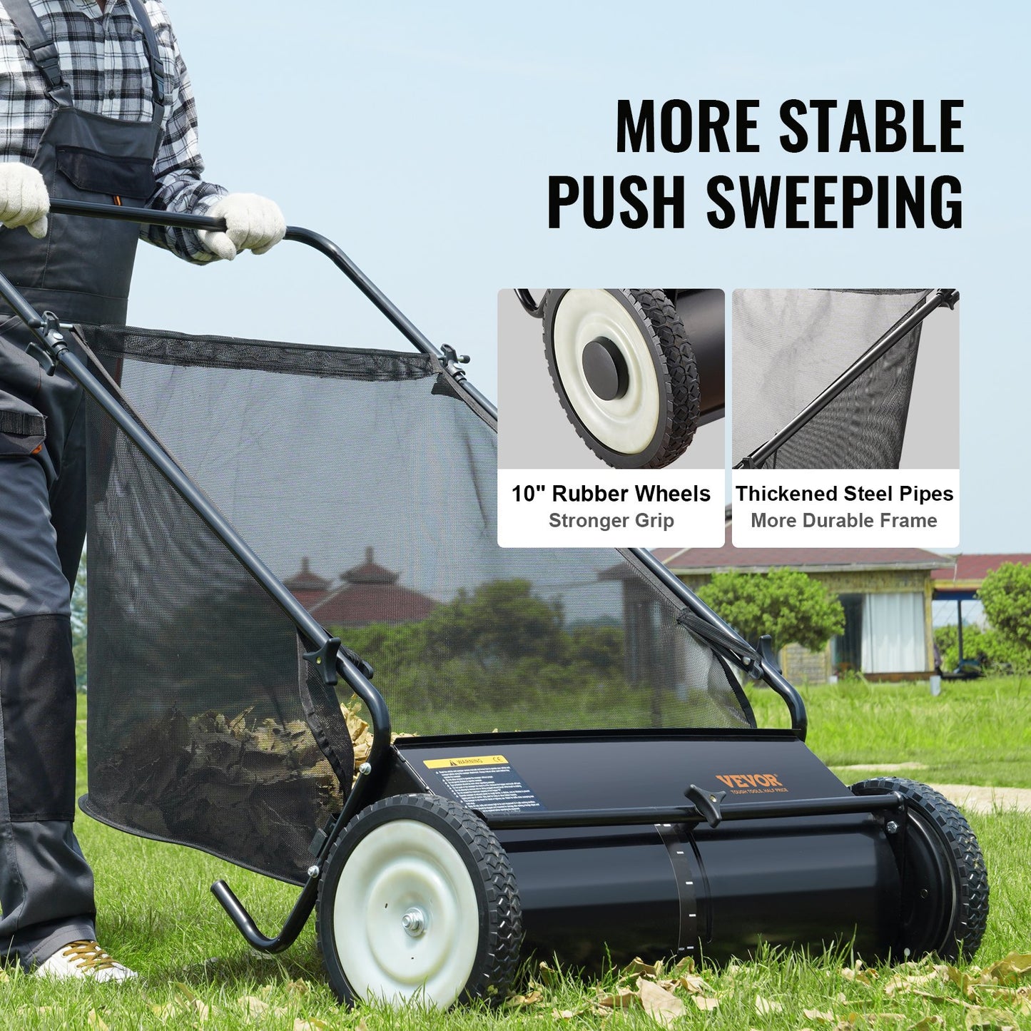 VEVOR Push Lawn Sweeper, 26 Inch Leaf & Grass Collector, Strong Rubber Wheels & Heavy Duty Thickened Steel Durable to Use with Large Capacity 7 ft? Mesh Collection Bag, 4 Spinning Brushes
