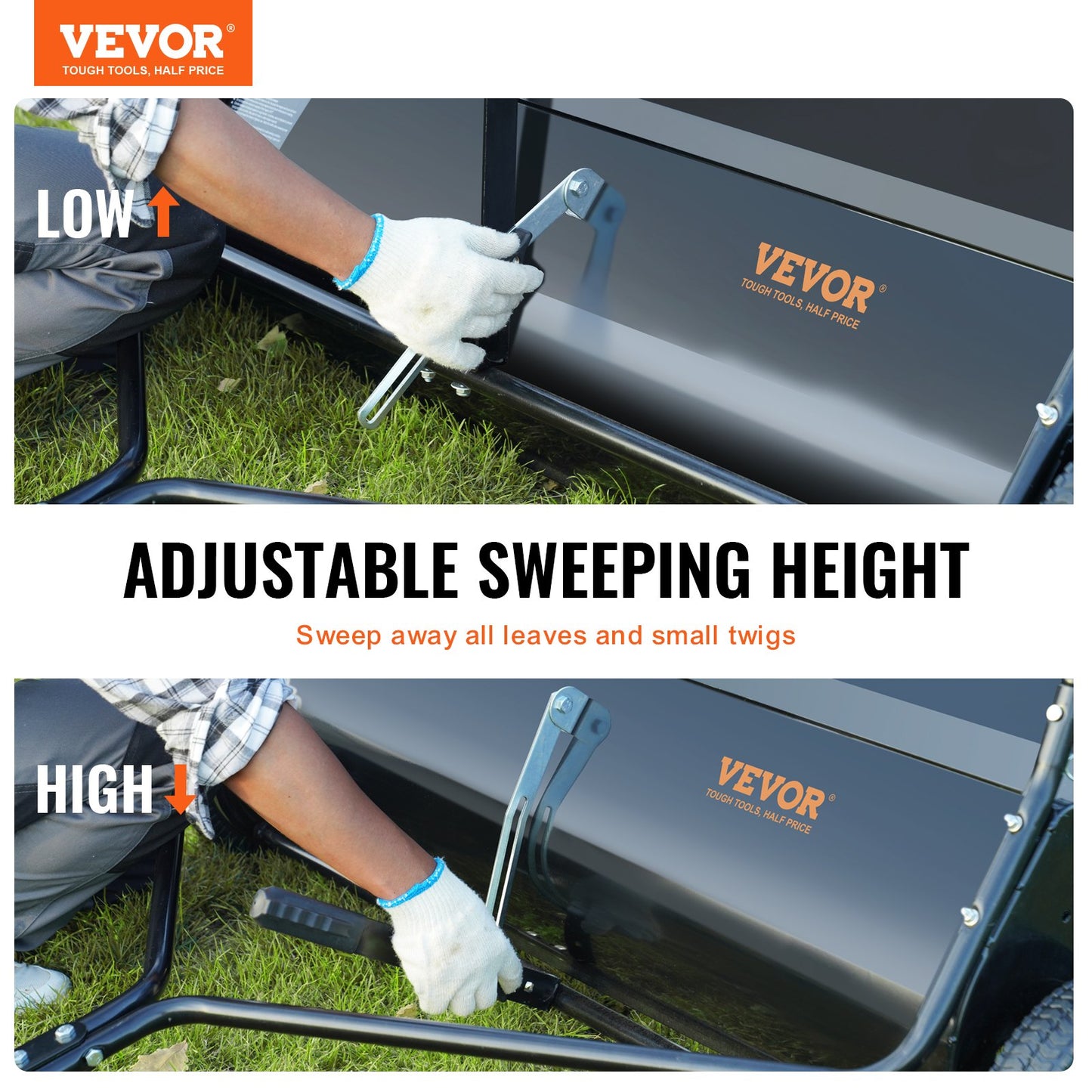 VEVOR Lawn Sweeper, 42.5, 25 cu. ft. Tow Behind Yard Sweeper, Dumping Rope Design & Heavy Duty, Durable to Use, Leaf & Grass Collector with Adjustable Sweeping Height for Picking Up Debris and Grass