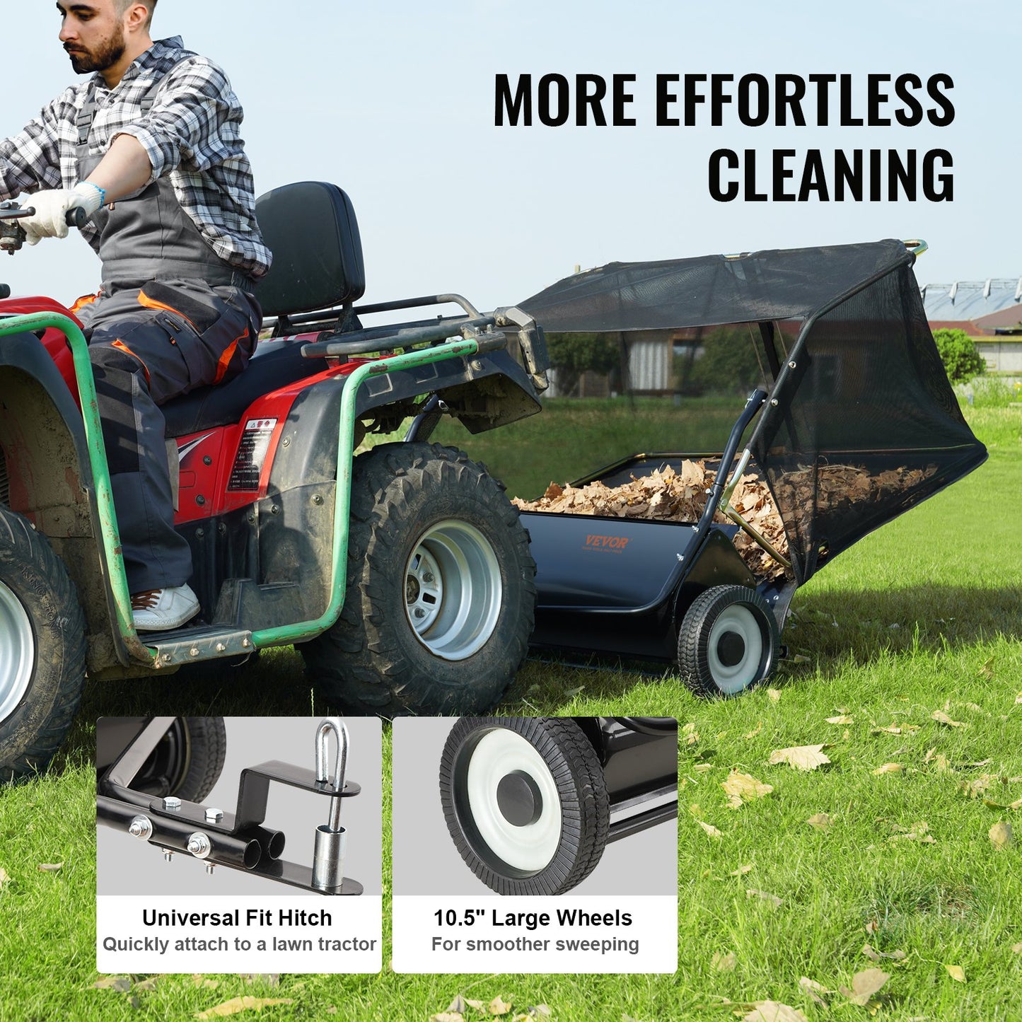 VEVOR Lawn Sweeper, 42.5, 25 cu. ft. Tow Behind Yard Sweeper, Dumping Rope Design & Heavy Duty, Durable to Use, Leaf & Grass Collector with Adjustable Sweeping Height for Picking Up Debris and Grass