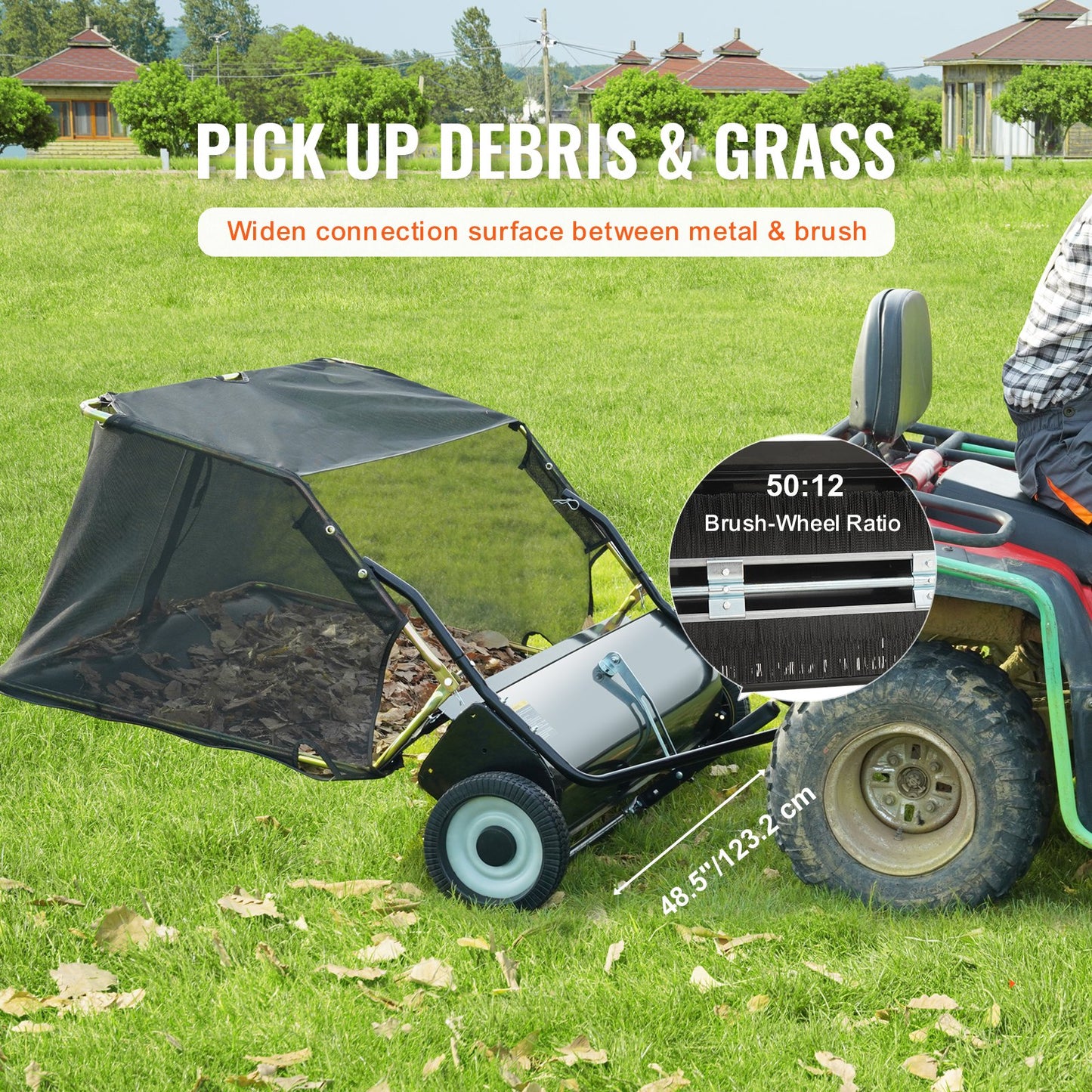 VEVOR Lawn Sweeper, 48.5, 26 cu. ft. Tow Behind Yard Sweeper, Dumping Rope Design & Heavy Duty, Durable to Use, Leaf & Grass Collector with Adjustable Sweeping Height for Picking Up Debris and Grass