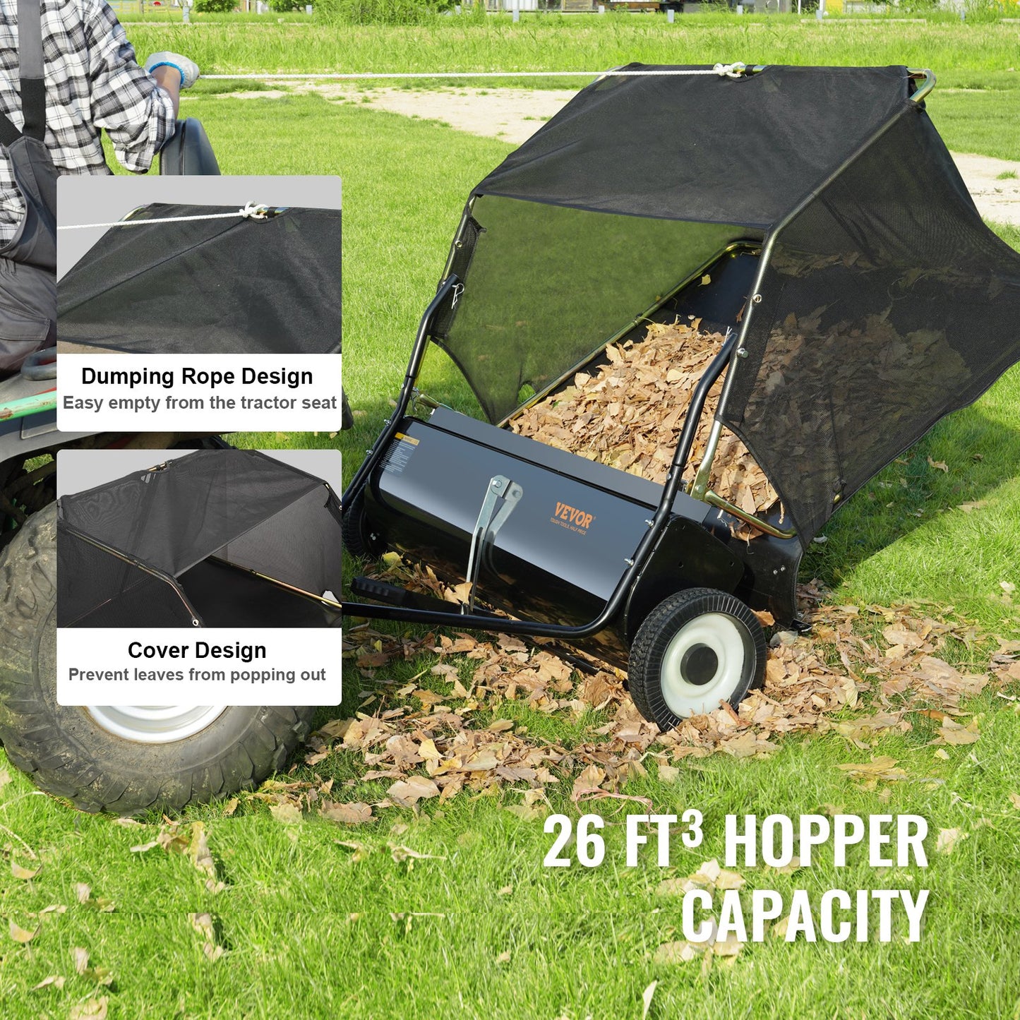 VEVOR Lawn Sweeper, 48.5, 26 cu. ft. Tow Behind Yard Sweeper, Dumping Rope Design & Heavy Duty, Durable to Use, Leaf & Grass Collector with Adjustable Sweeping Height for Picking Up Debris and Grass