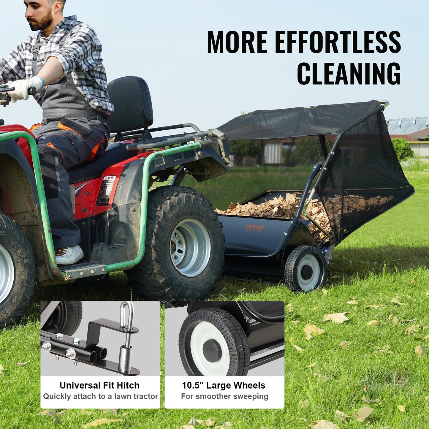 VEVOR Lawn Sweeper, 48.5, 26 cu. ft. Tow Behind Yard Sweeper, Dumping Rope Design & Heavy Duty, Durable to Use, Leaf & Grass Collector with Adjustable Sweeping Height for Picking Up Debris and Grass