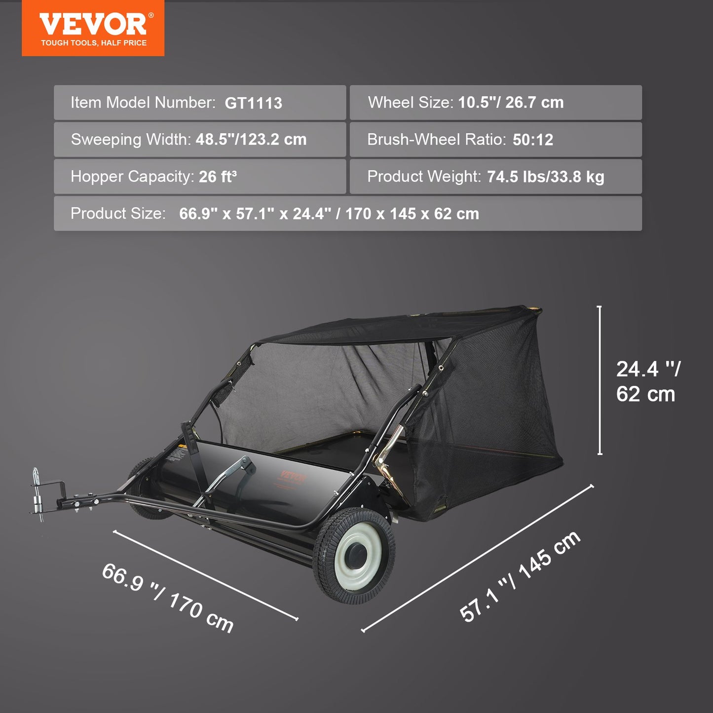 VEVOR Lawn Sweeper, 48.5, 26 cu. ft. Tow Behind Yard Sweeper, Dumping Rope Design & Heavy Duty, Durable to Use, Leaf & Grass Collector with Adjustable Sweeping Height for Picking Up Debris and Grass