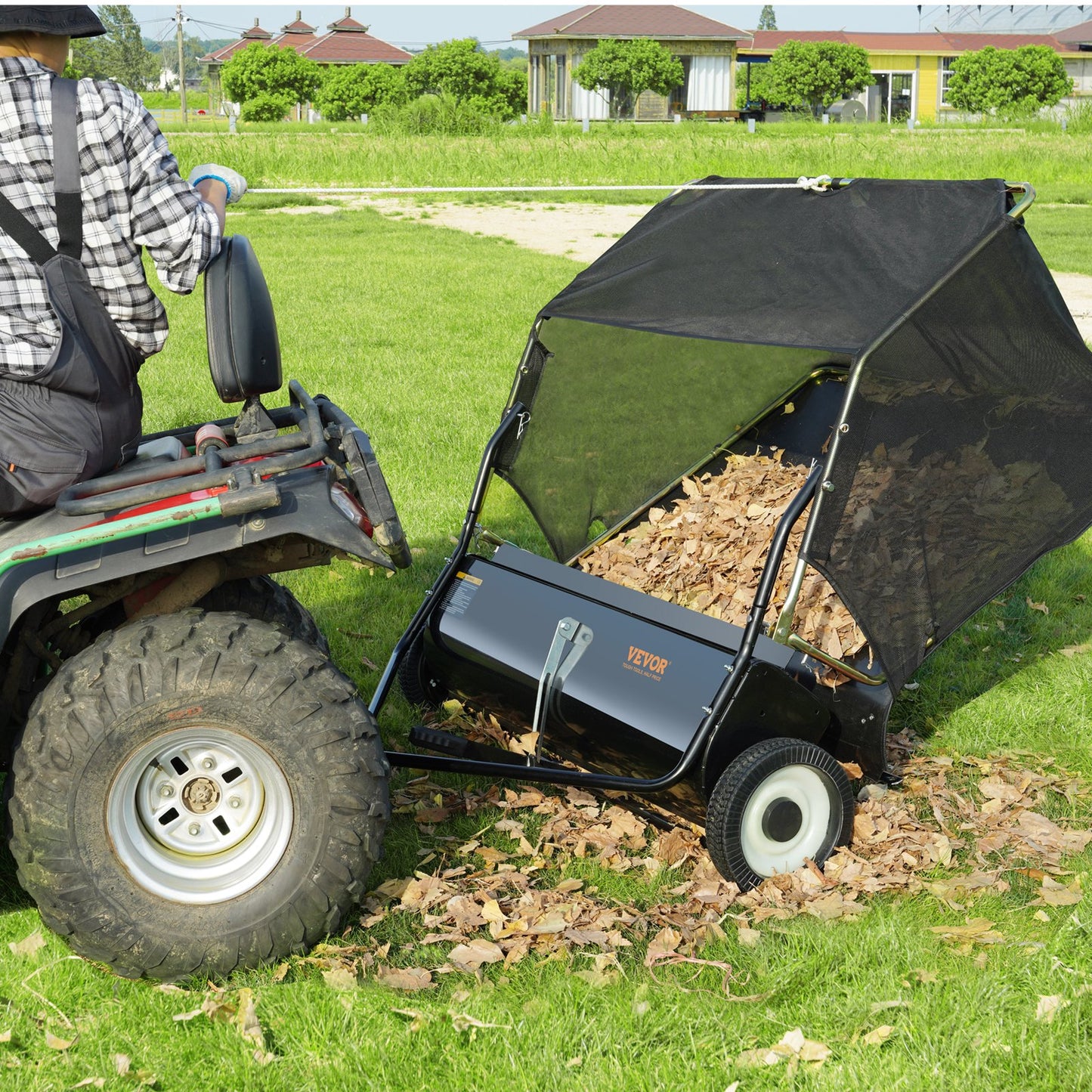 VEVOR Lawn Sweeper, 48.5, 26 cu. ft. Tow Behind Yard Sweeper, Dumping Rope Design & Heavy Duty, Durable to Use, Leaf & Grass Collector with Adjustable Sweeping Height for Picking Up Debris and Grass