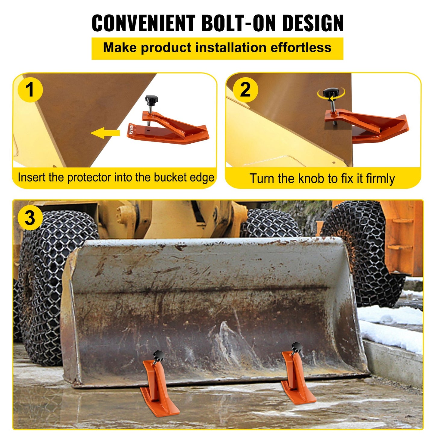 VEVOR Tractor Bucket Protector, 2pcs Ski Edge Protector, 12 Long Turf Tamer Skid Protector, 4 Width, Heavy Duty Steel Bucket Attachment for Snow Leaves Removal, Spreading Gravel, Orange
