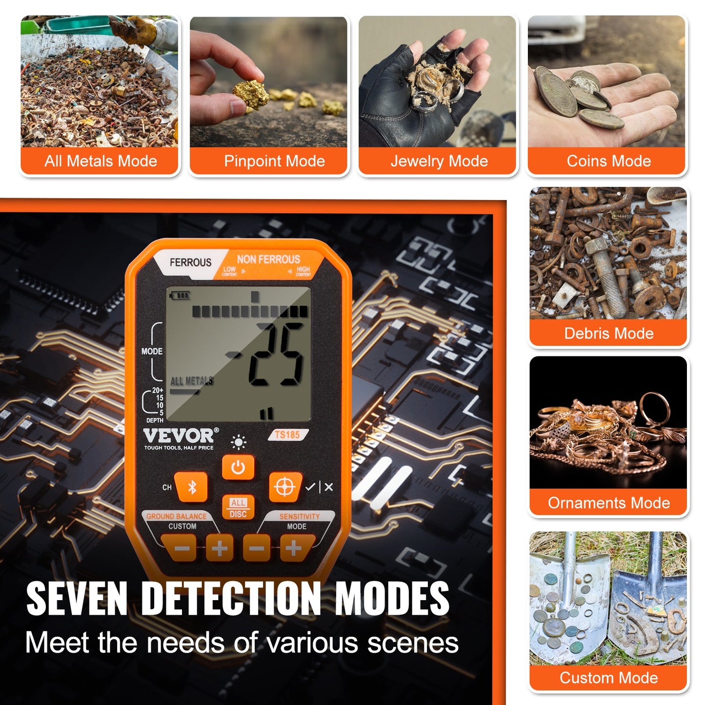 VEVOR Waterproof Metal Detector, 12 Coil, Professional Rechargeable Gold Detector, 39-50 in Adjustable with LCD 7 Modes Advanced DSP Chip Bluetooth Headset, IP68 for Detecting Gold Treasure Hunting