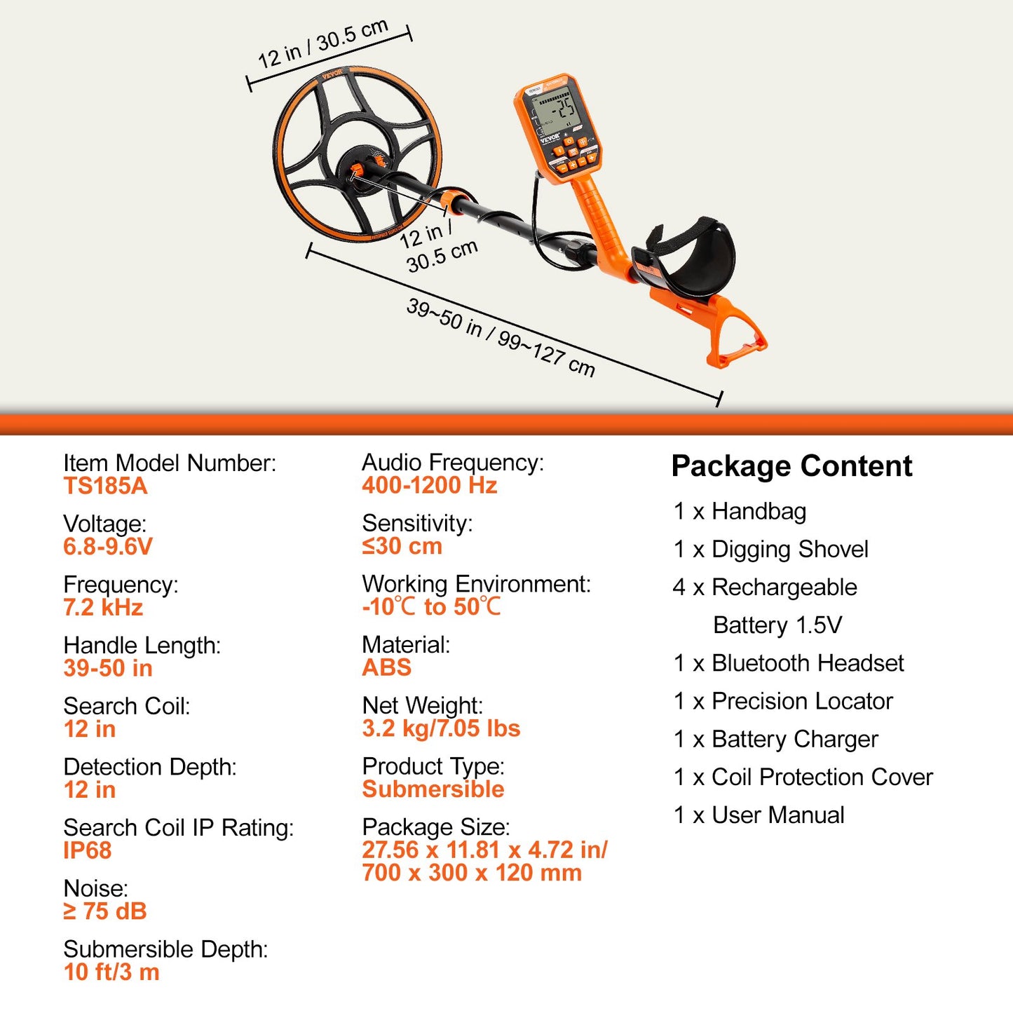 VEVOR Waterproof Metal Detector, 12 Coil, Professional Rechargeable Gold Detector, 39-50 in Adjustable with LCD 7 Modes Advanced DSP Chip Bluetooth Headset, IP68 for Detecting Gold Treasure Hunting