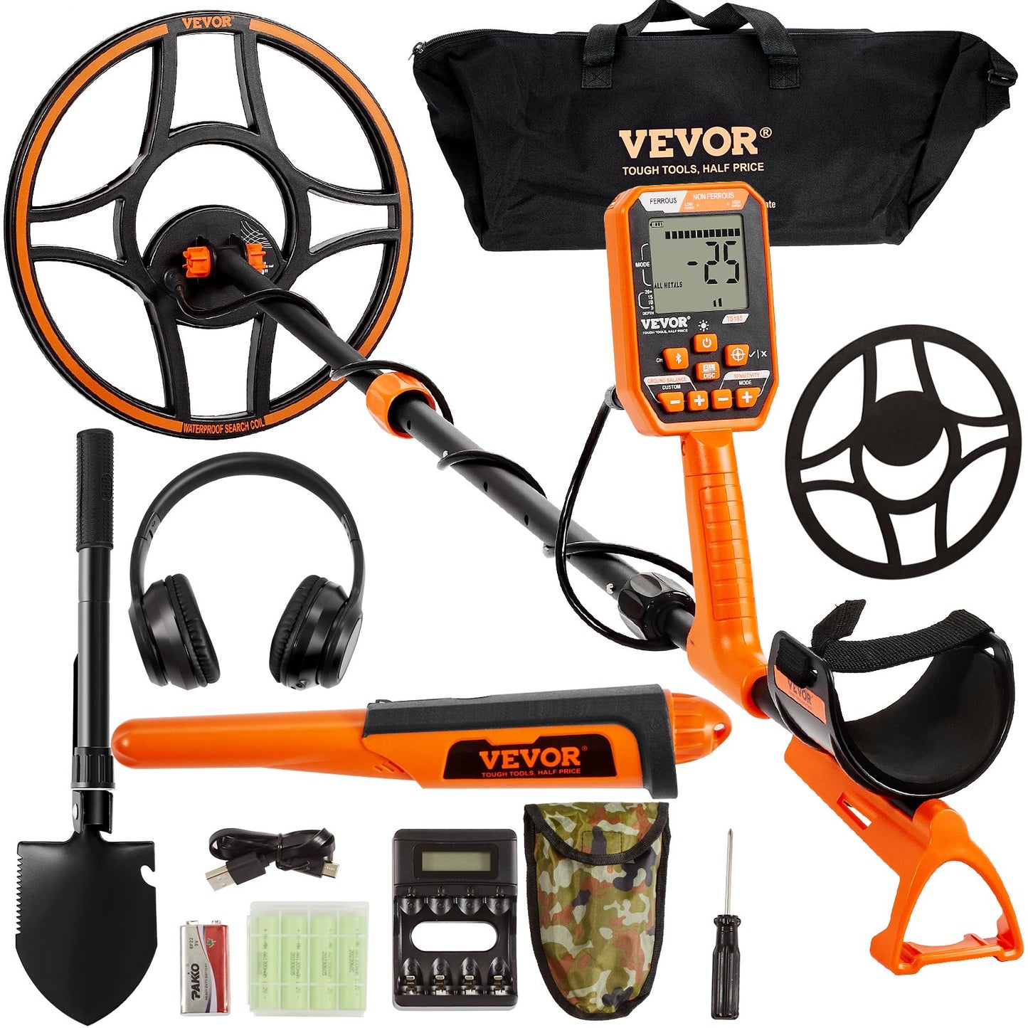 VEVOR Waterproof Metal Detector, 12 Coil, Professional Rechargeable Gold Detector, 39-50 in Adjustable with LCD 7 Modes Advanced DSP Chip Bluetooth Headset, IP68 for Detecting Gold Treasure Hunting