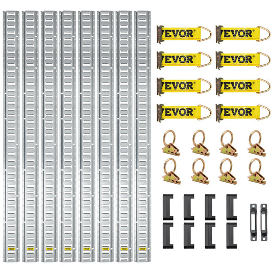 VEVOR E Track Tie-Down Rail Kit, 34PCS 5FT E-Tracks Set Includes 8 Steel Rails & 2 Single Slot & 8 O Rings & 8 Tie-Offs w/D-Ring & 8 End Caps, Securing Accessories for Cargo, Motorcycles, and Bikes